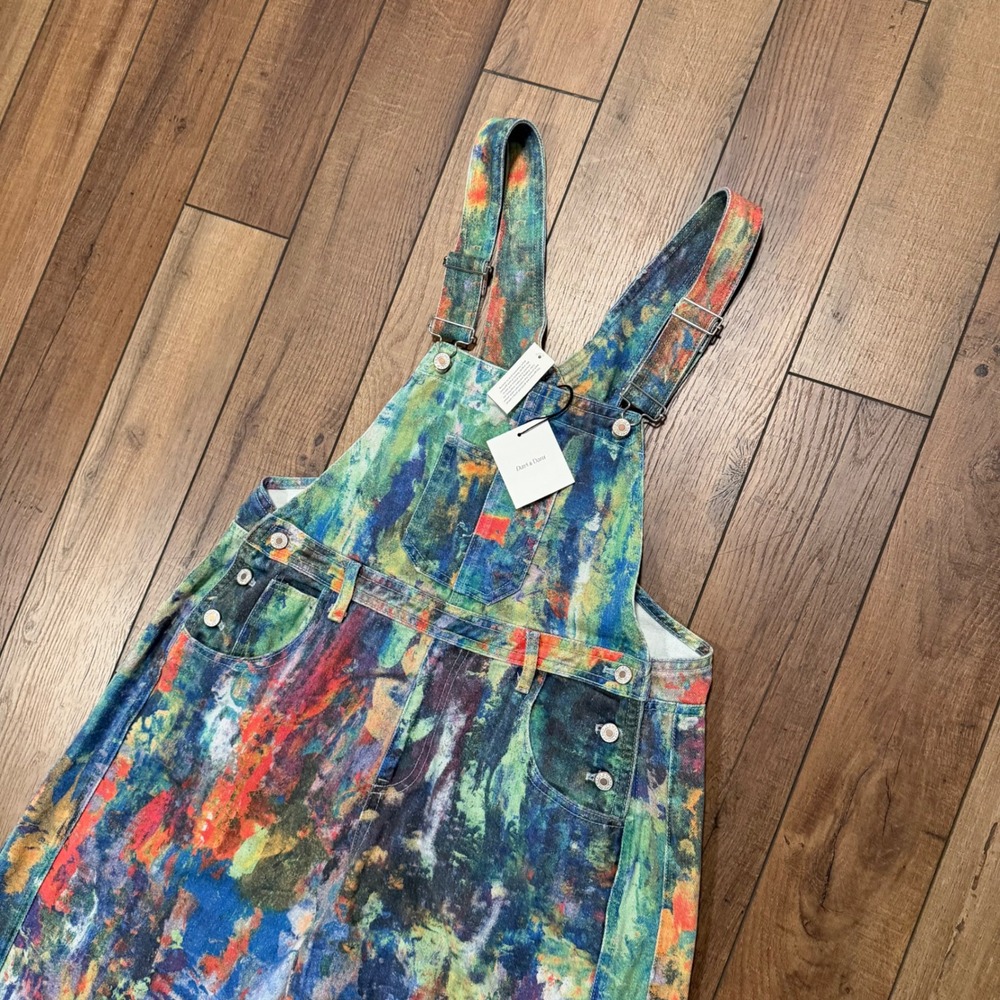 NWT Davi & Dani From The Ground Up Denim Overalls L Abstract Paint Wide Barrel - Picture 7 of 10